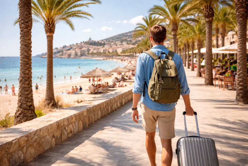 Affordable warm holiday destination from Dublin with traveler carrying hand luggage