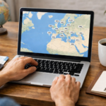 Traveler comparing cheap destinations from Dublin on a laptop for budget travel from Ireland