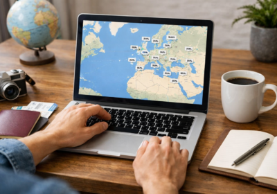 Traveler comparing cheap destinations from Dublin on a laptop for budget travel from Ireland