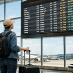 Traveler checking departure board at Dublin Airport while searching for cheap international flights
