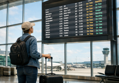 Traveler checking departure board at Dublin Airport while searching for cheap international flights