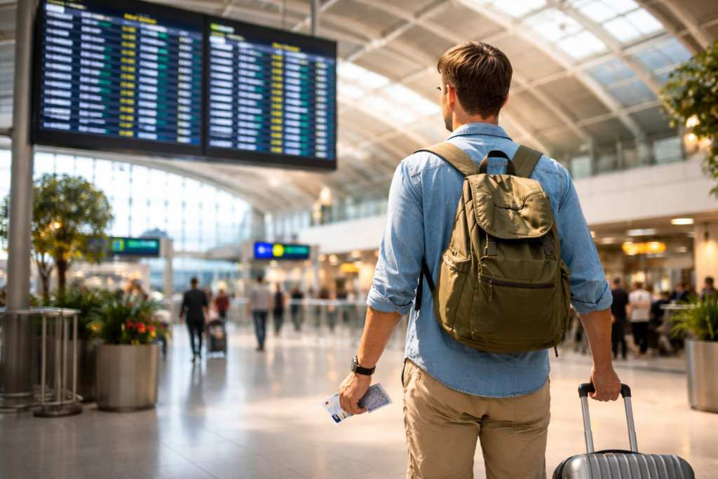 Traveler at airport preparing for a cheap international trip from Ireland