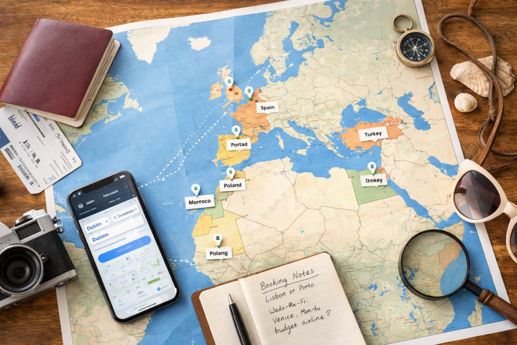 Map showing cheap countries to fly to from Ireland for budget travel planning