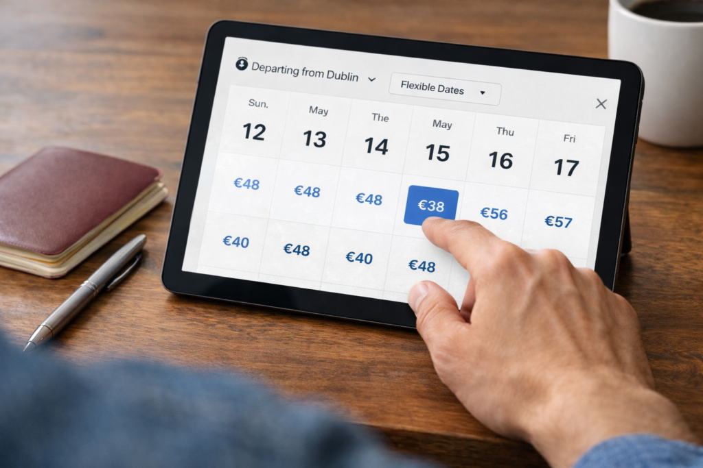 Traveler checking flexible travel dates to find the cheapest flights from Dublin